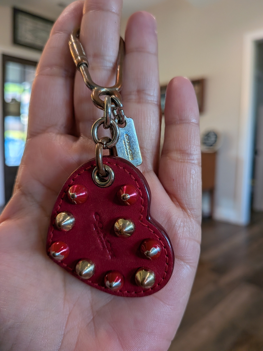 COACH Heart Studded Leather Keychain - Red - Picture 6 of 6